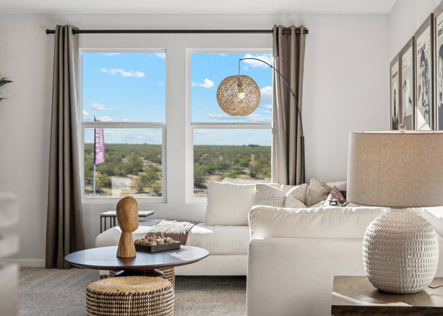 A living room with a large window.