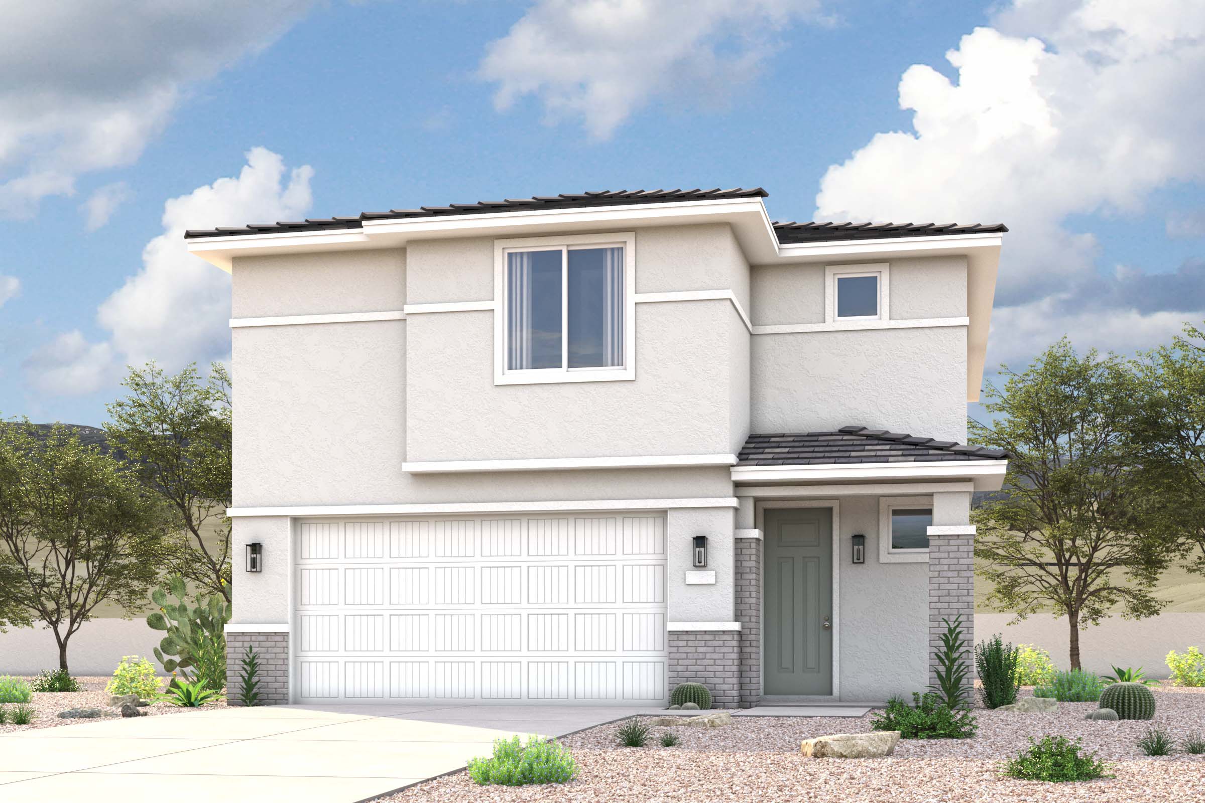 Rendering of front of new home for sale in San Tan Valley, AZ at Skyline Village the Highlands Collection by Century Communities with 2 car garage.