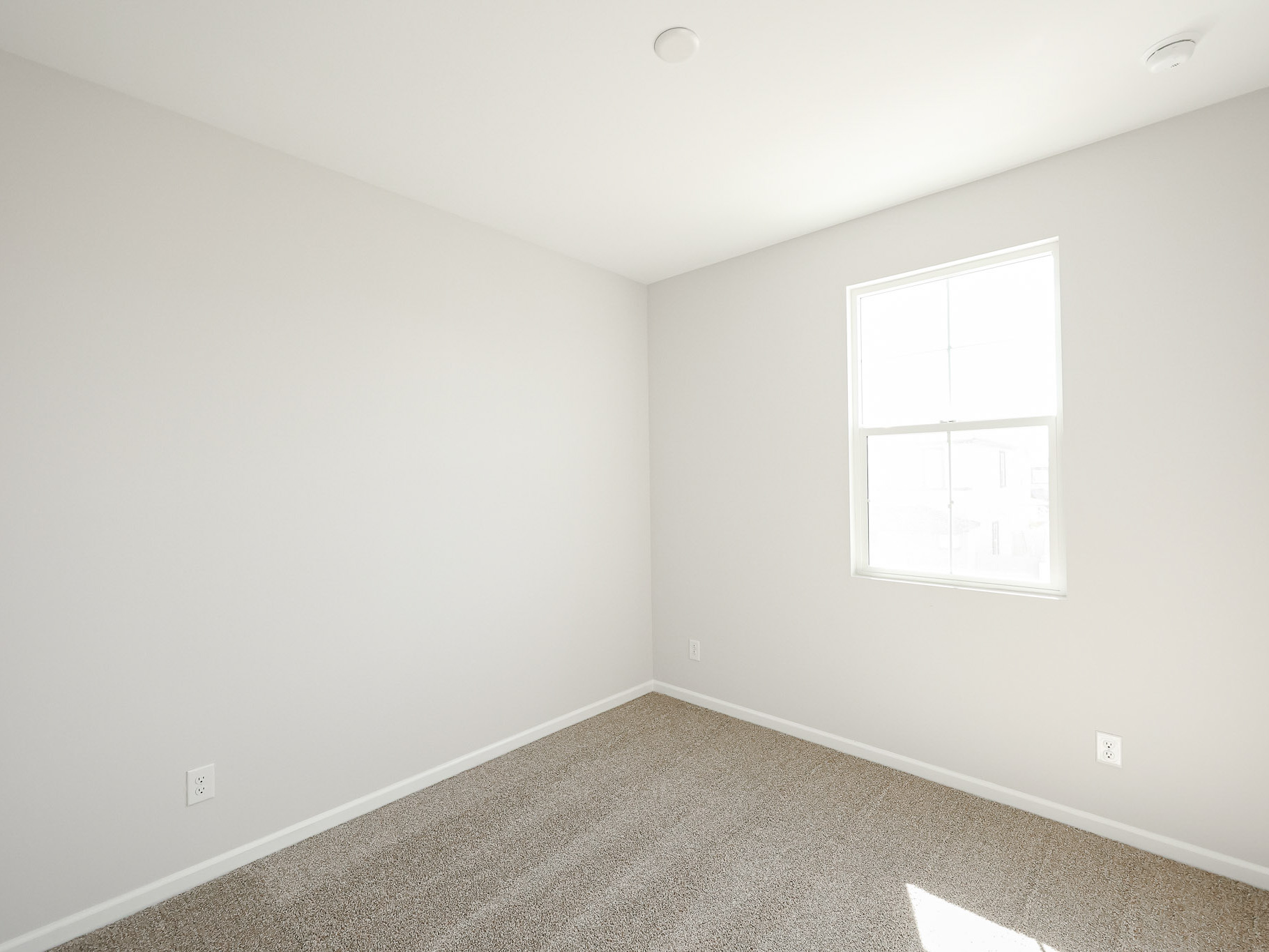 A room with a window and a carpet.