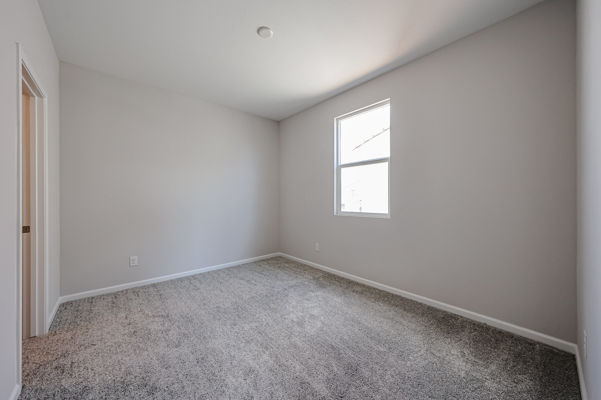 A room with a carpet and a window.