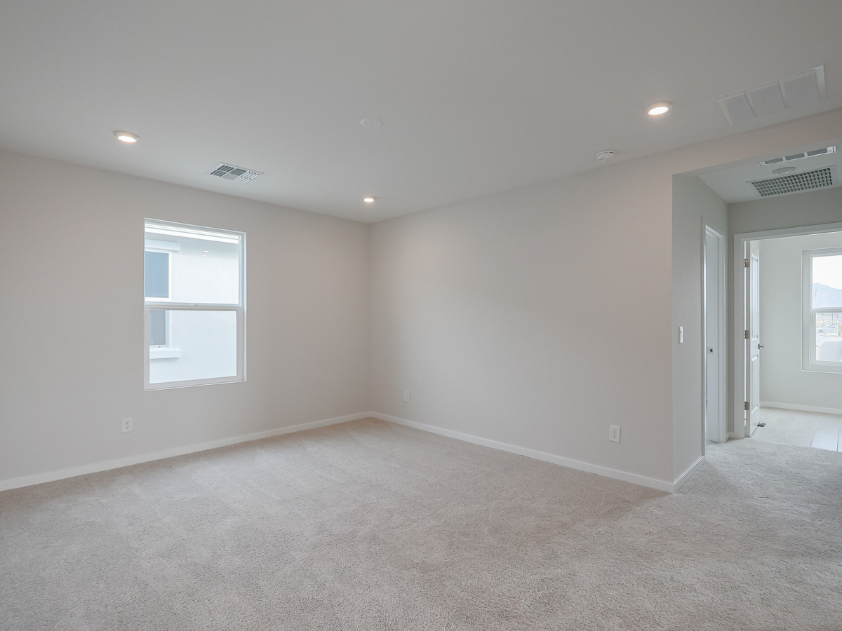 A room with a carpet and windows.