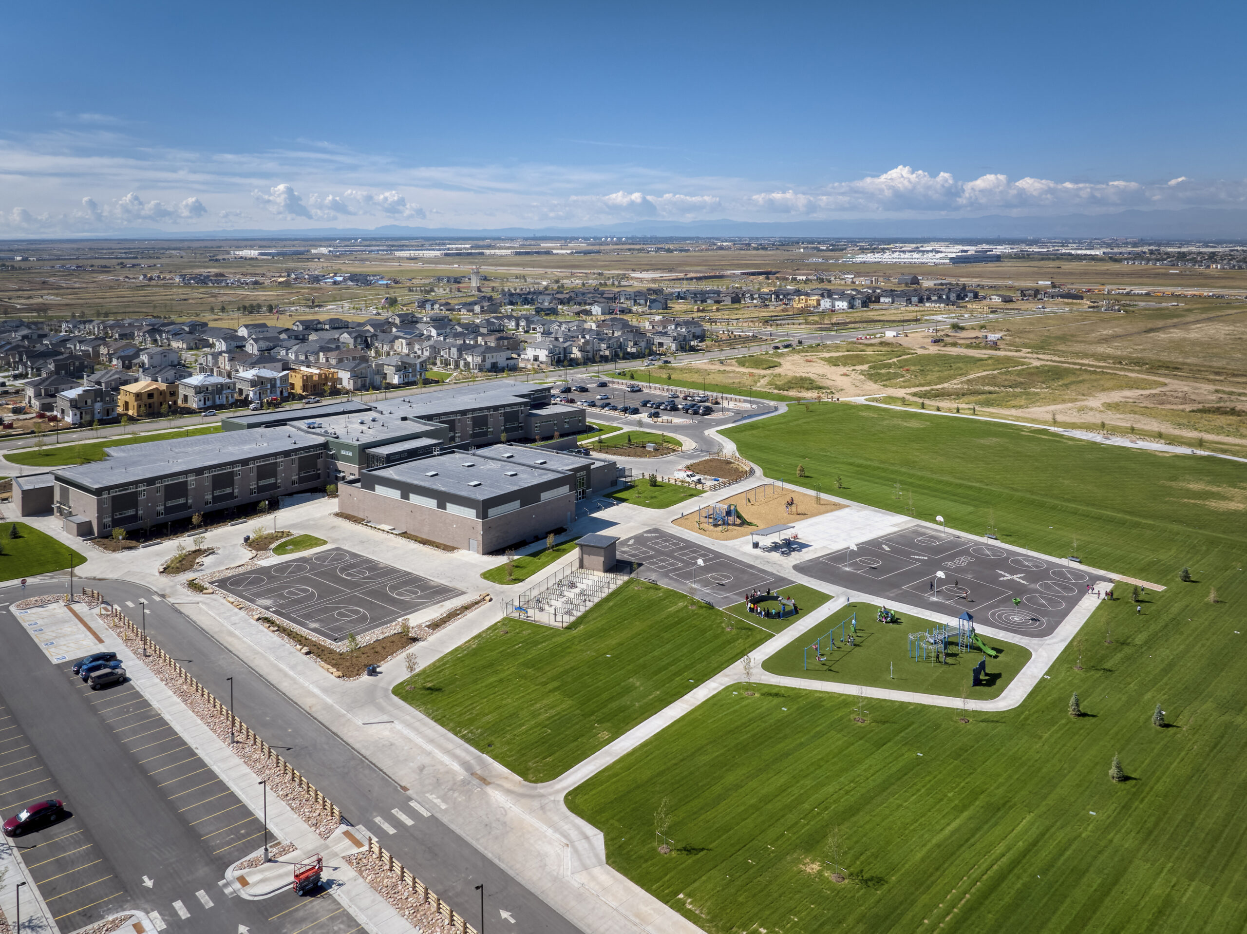 An aerial view of a large building.