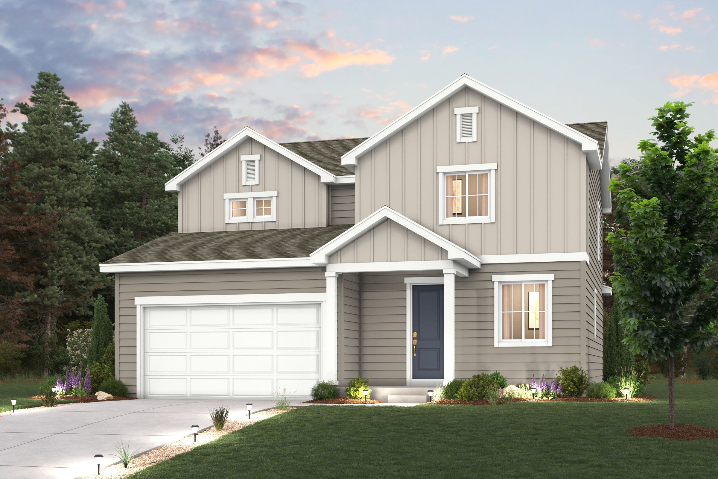 Ontario Elevation A rendering image with home illustration with landscaping and driveway