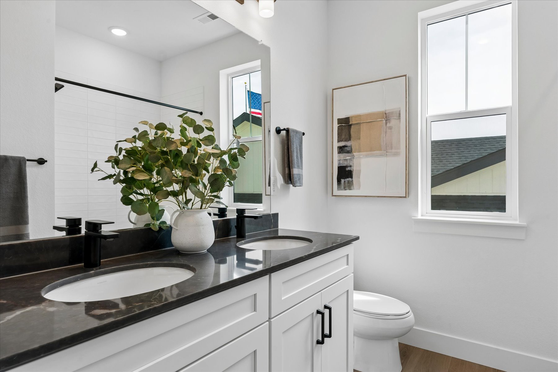 A bathroom with a sink and a plant on the counter.