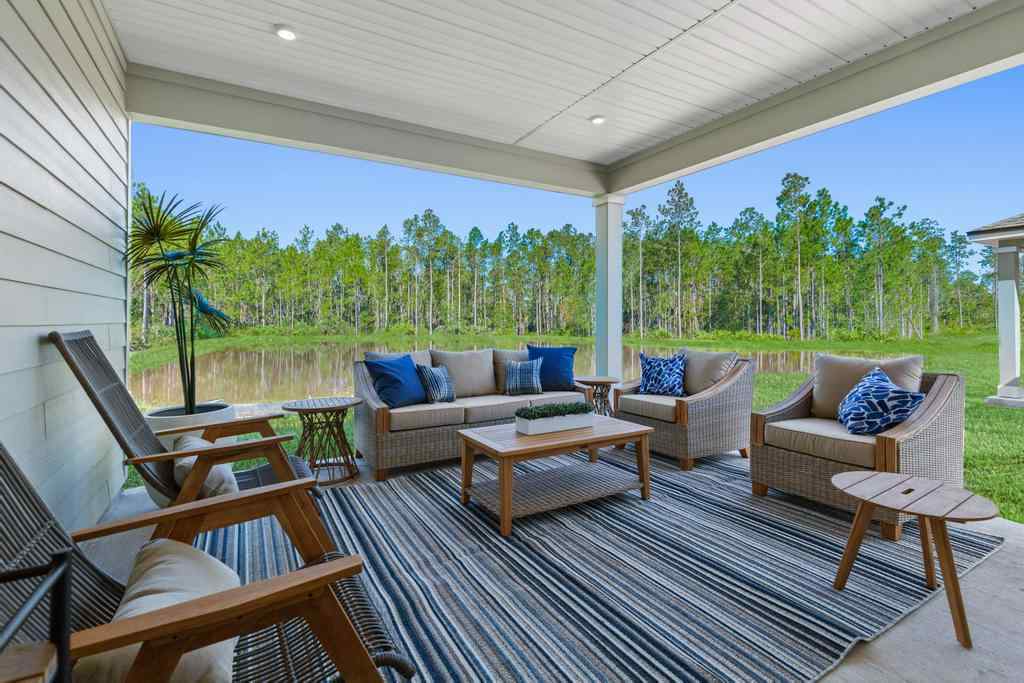 A living room with a deck.