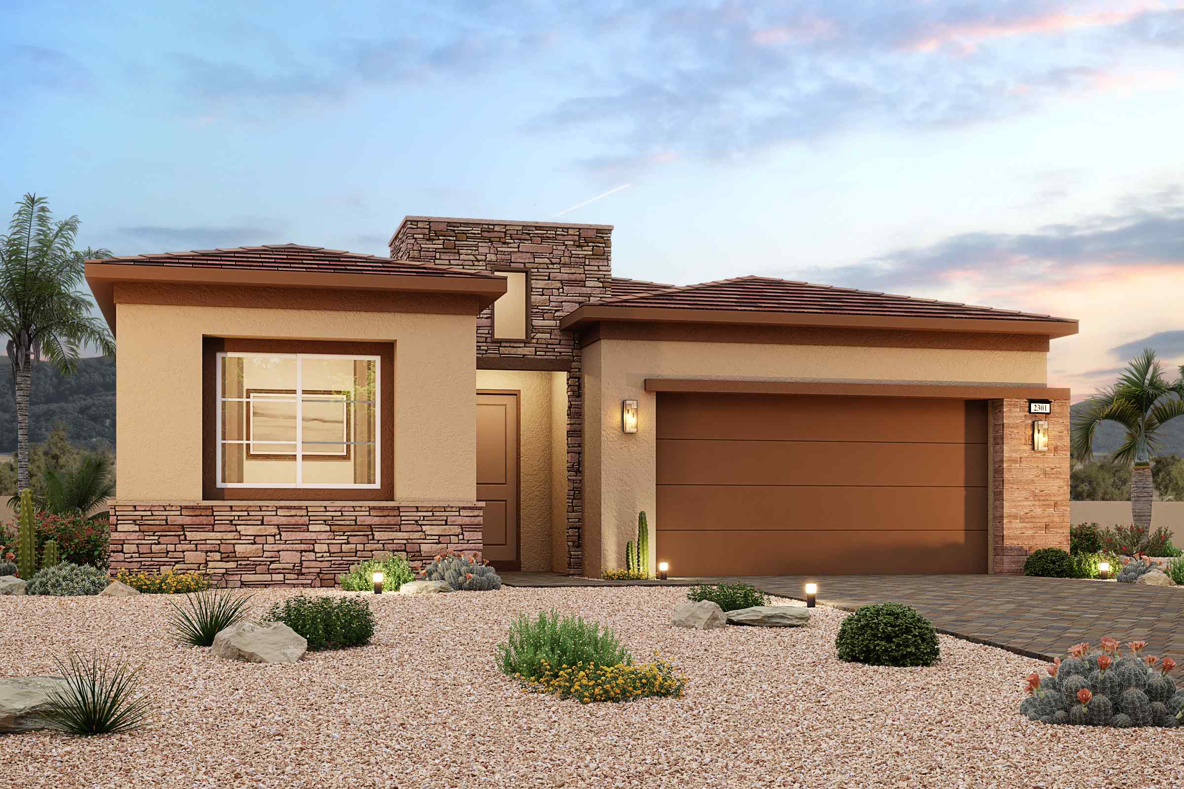 A house with a gravel driveway.
