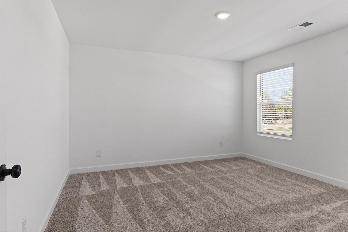 A room with a carpet and a window.