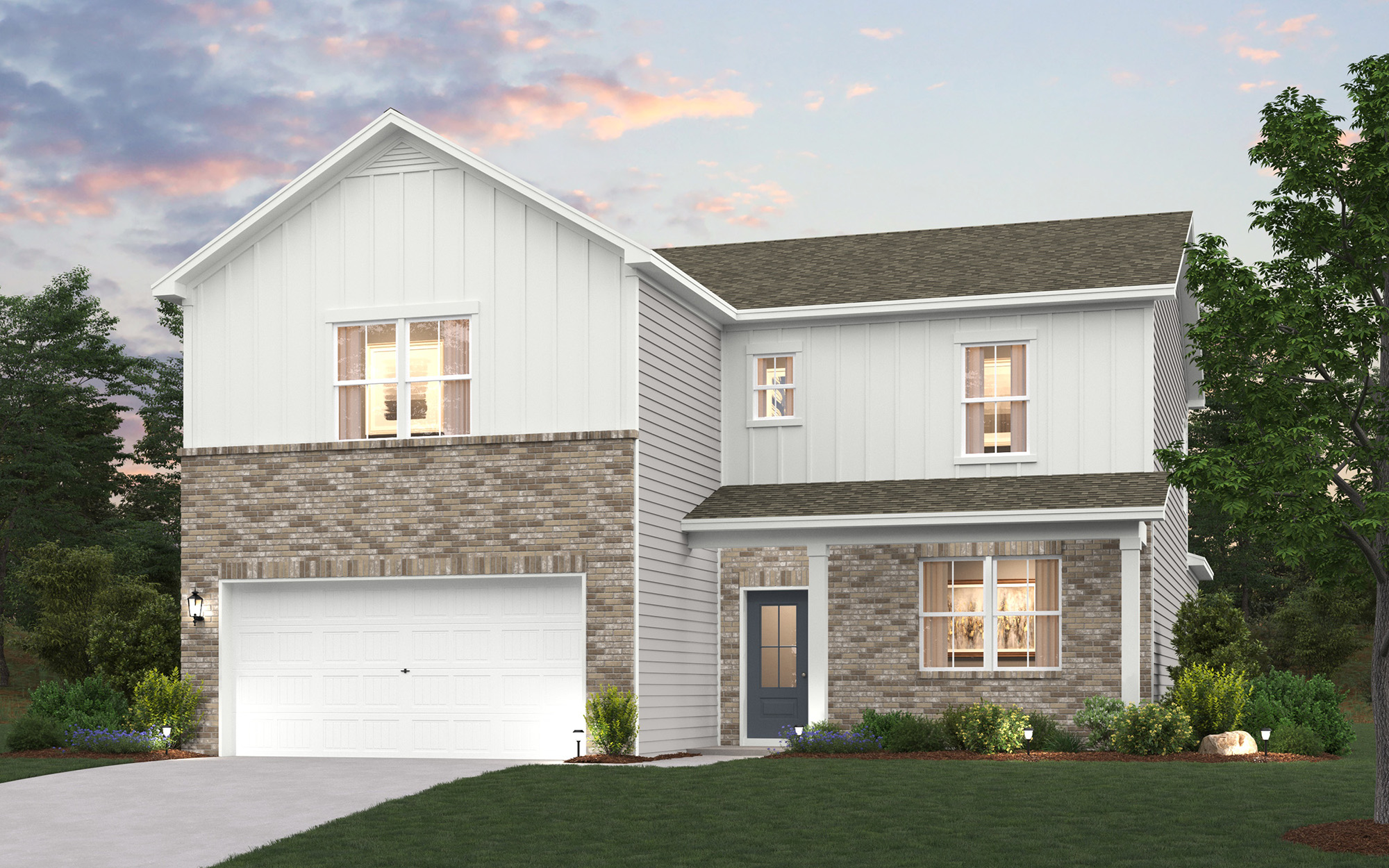 A grey house with a garage.