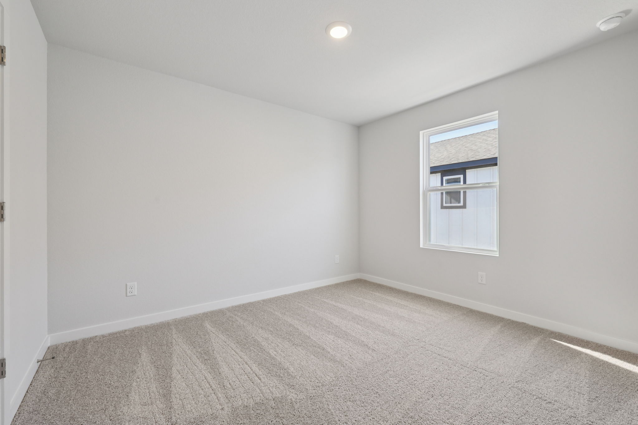 A room with a carpet and windows.