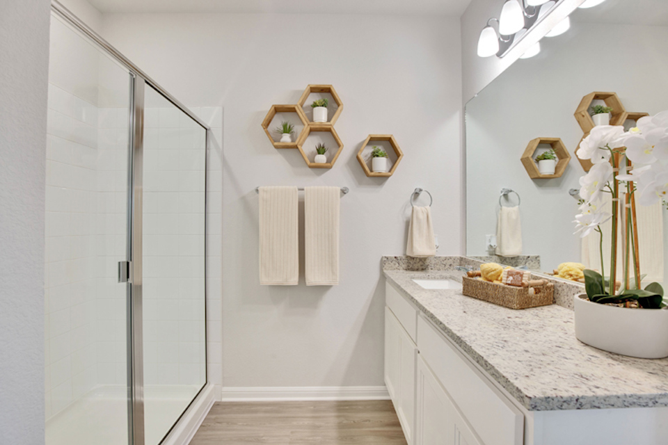 A bathroom with a shower and sink.