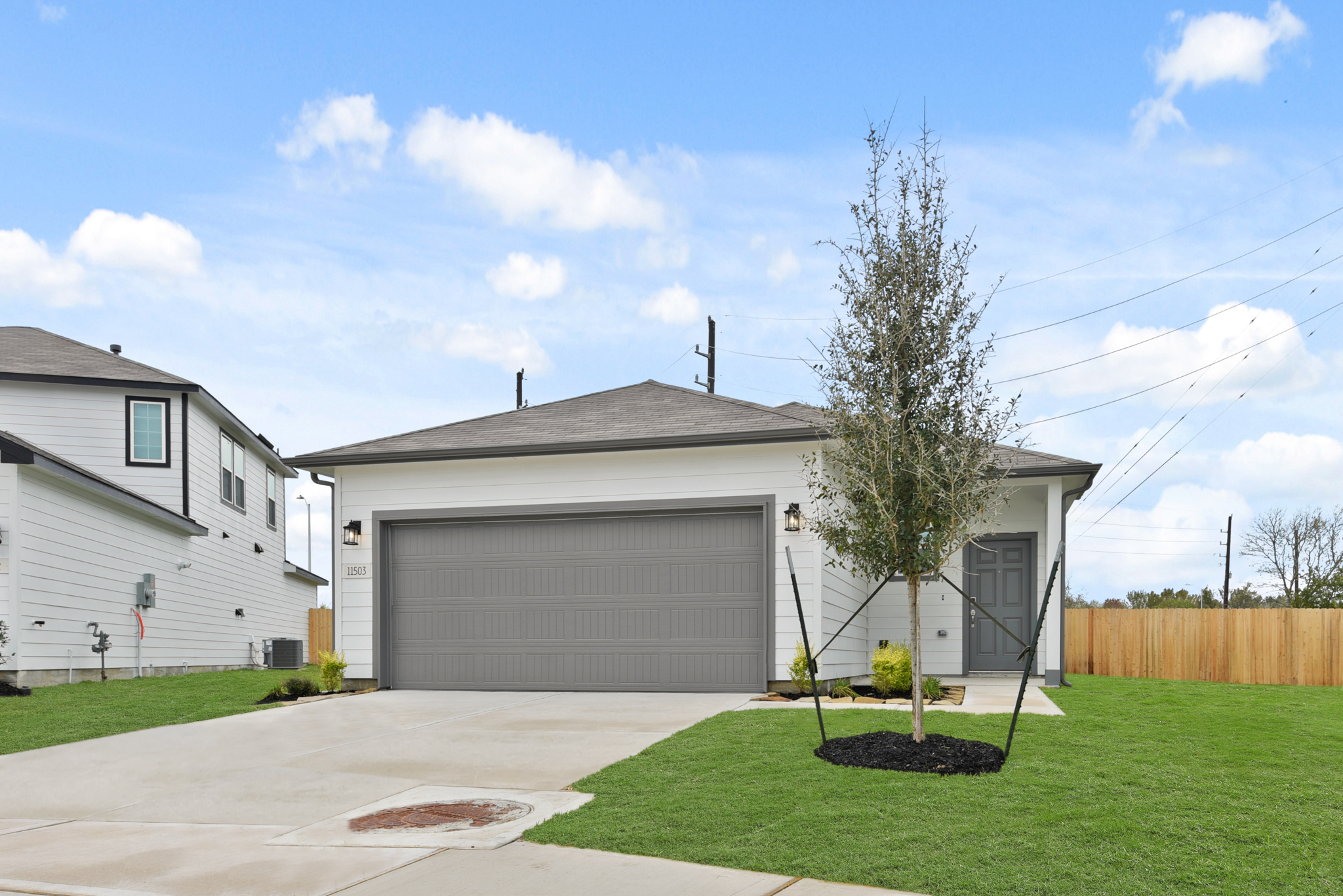 A house with a garage and a tree in the front.
