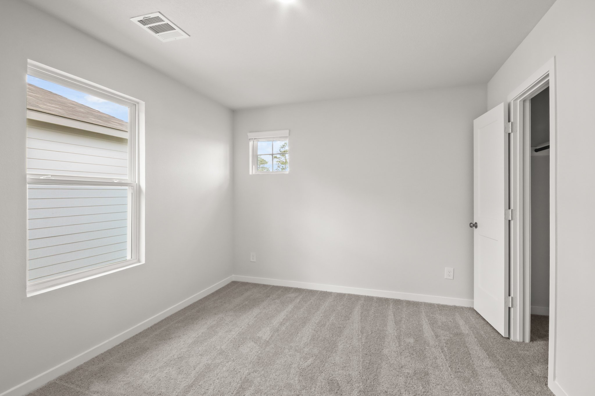 A room with a carpet and windows.