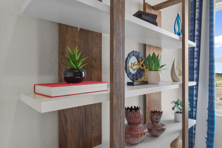 A shelf with vases and plants.