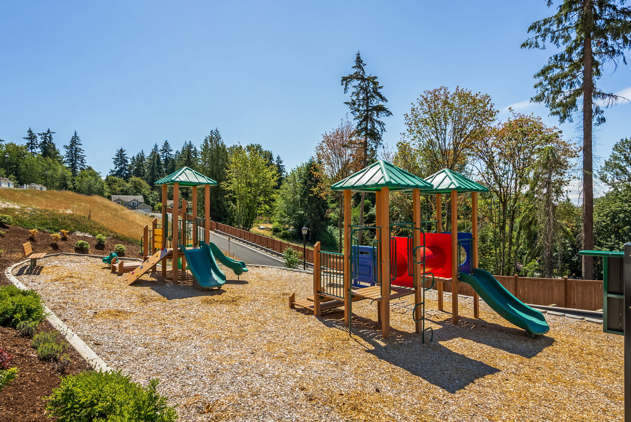 A playground with trees and a slide.