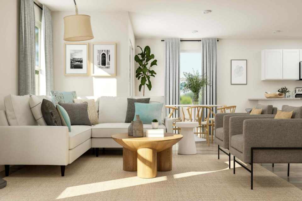 A living room with a couch and a coffee table.