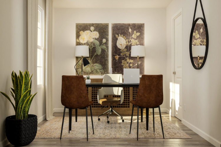 A dining room table with chairs.