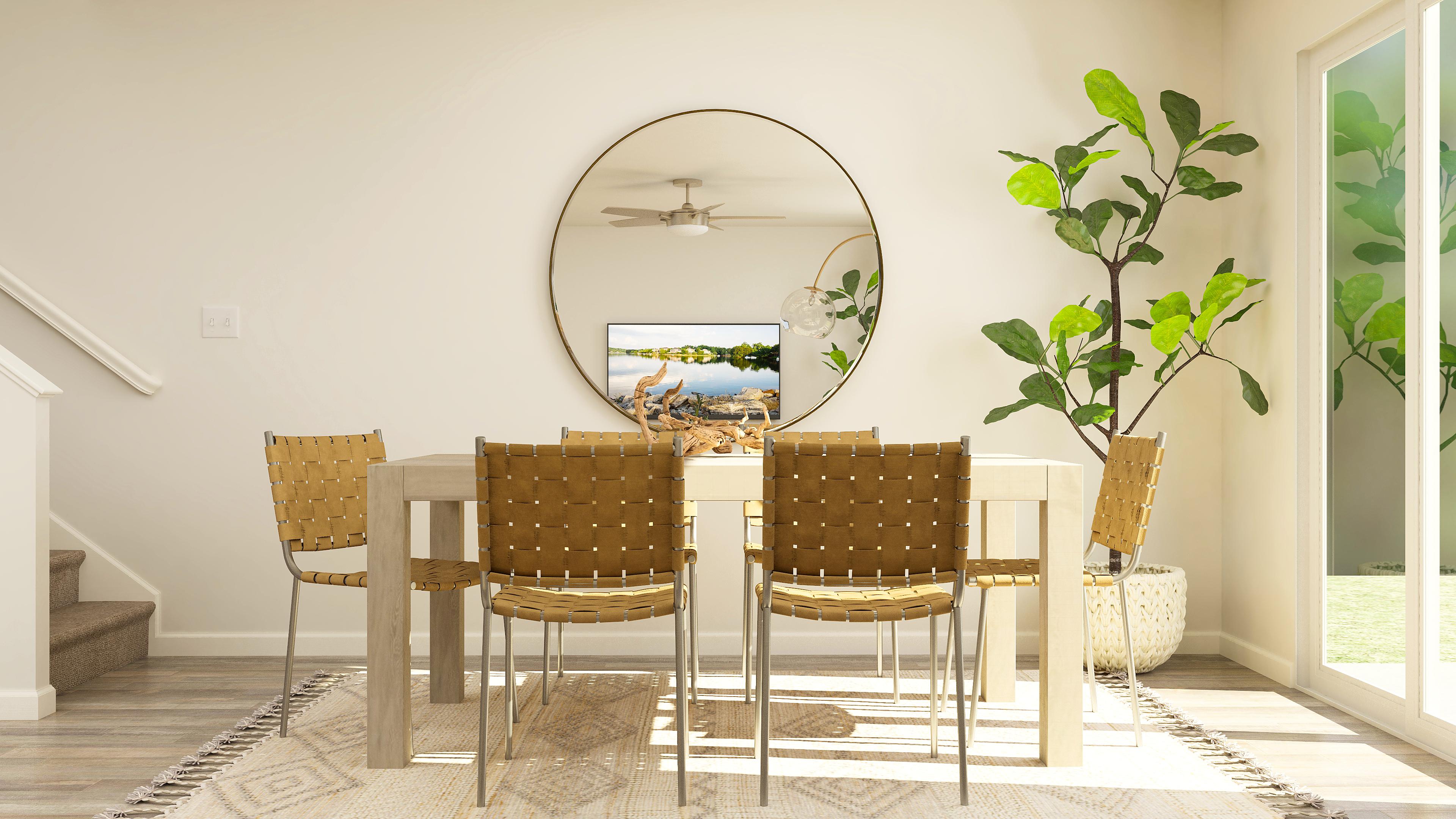 A dining table with chairs around it.